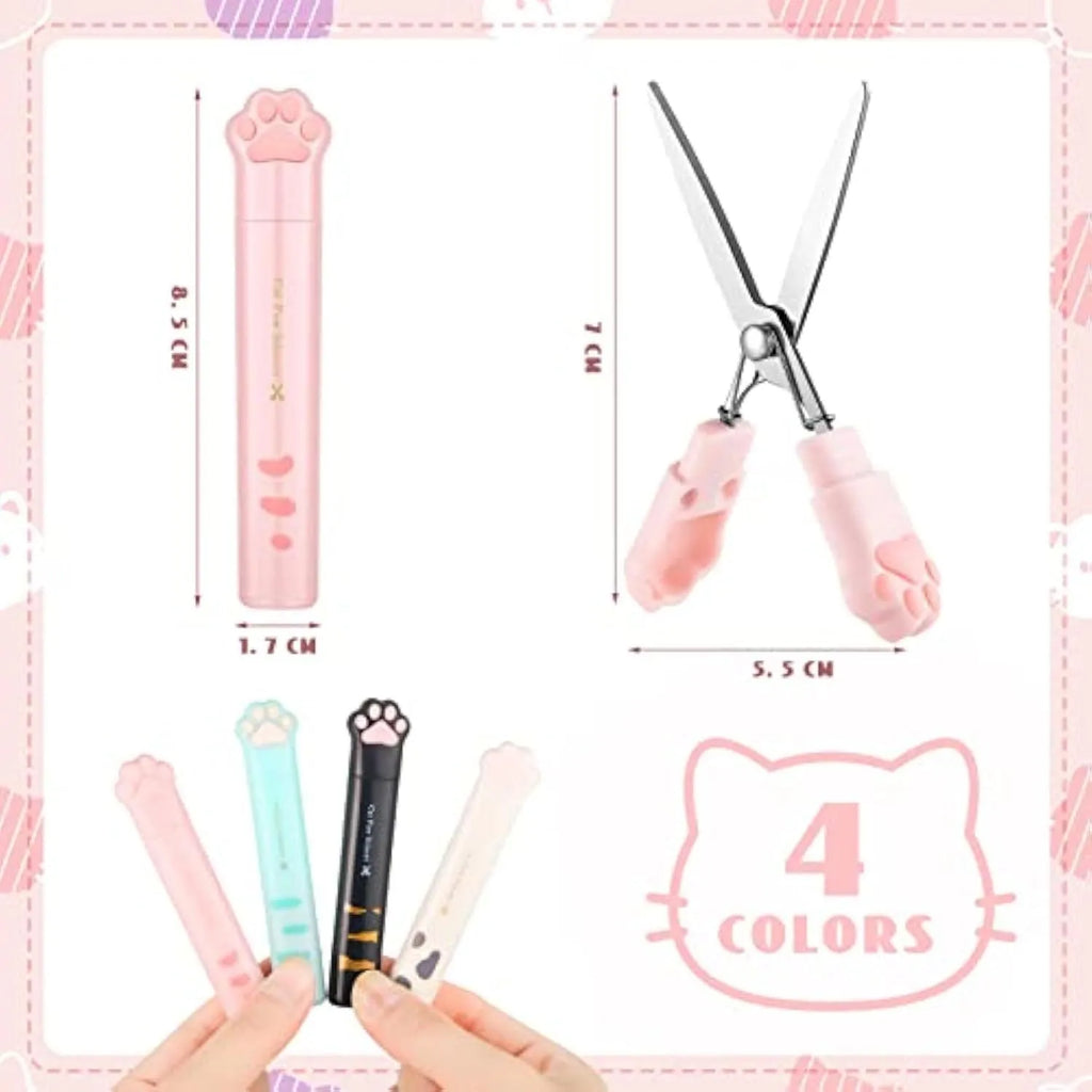 Cat paw mini folding scissors in four colours with stainless steel blades and decorative handles