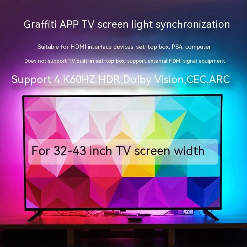 App-controlled TV ambience LED light strip for screen sync colour graffiti effects