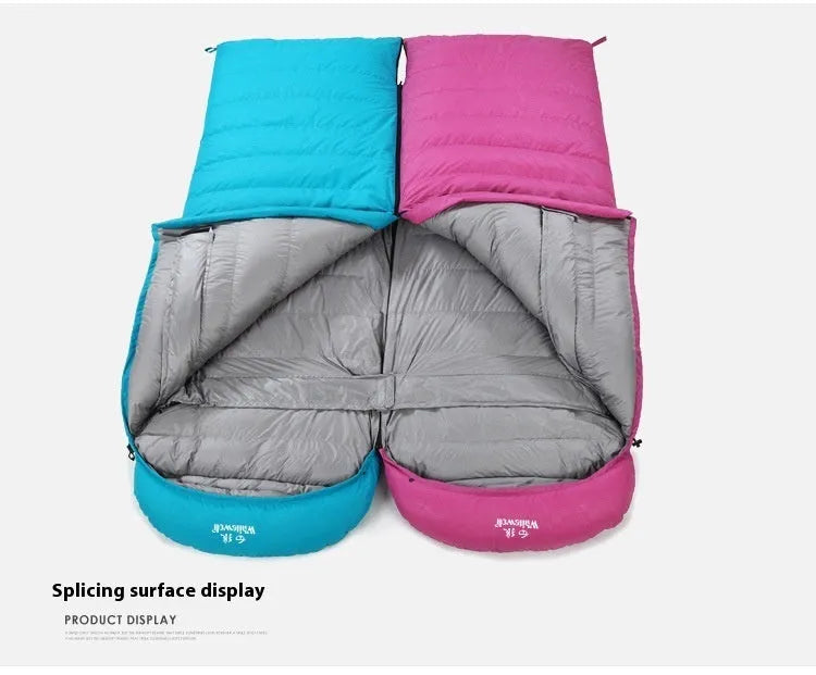 Black outdoor sleeping bag filled with white goose down and made from tear-resistant nylon.