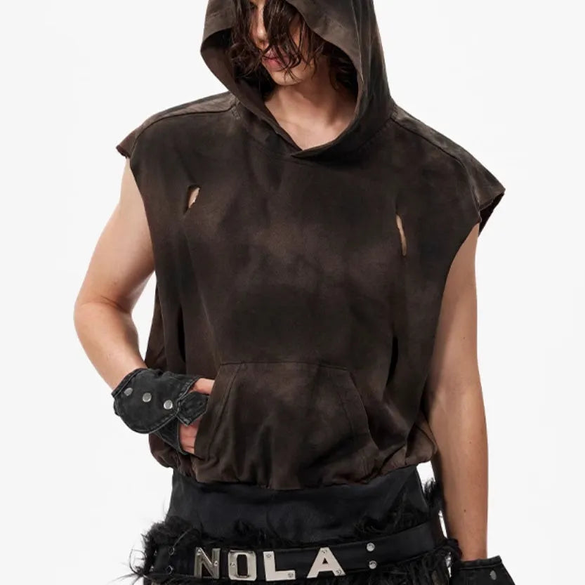 Men's khaki cotton short hood vest with short sleeves on mannequin