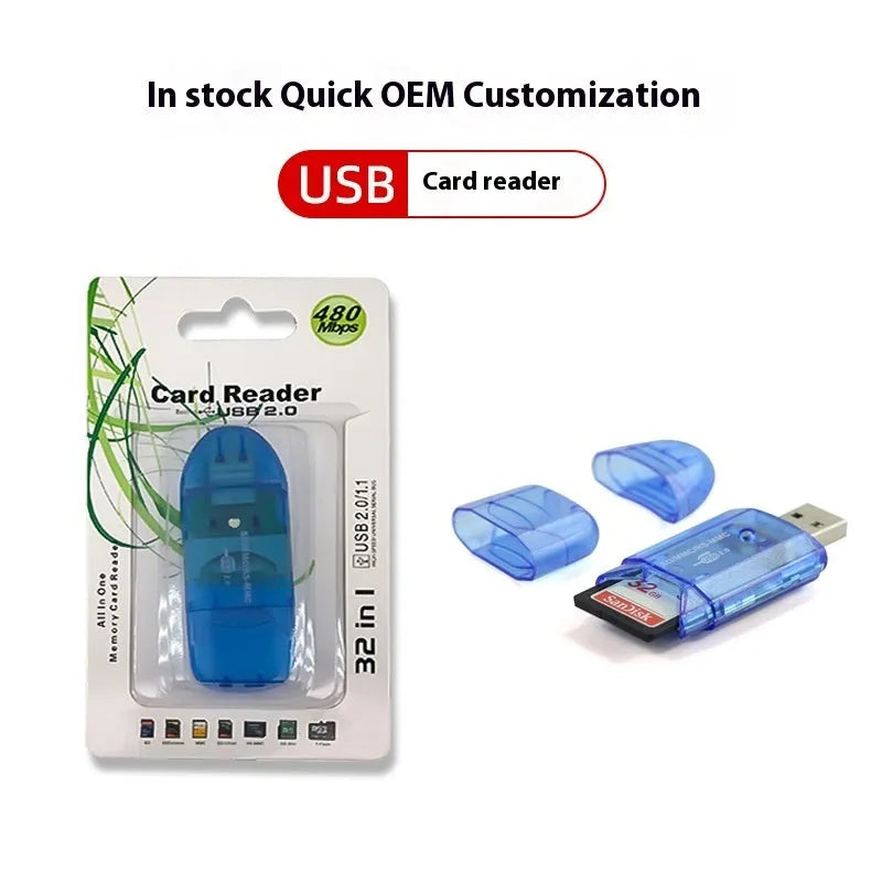 Transparent plastic USB card reader with LED light showing memory card slots