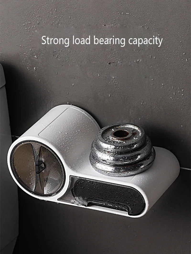 White plastic bathroom roll holder with a streamline curve design on a bathroom surface.