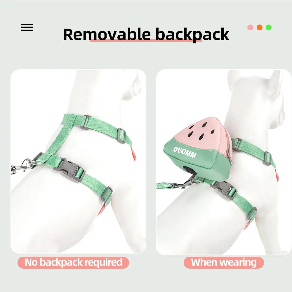Green pet backpack and chest strap set with anti-slip padding and traction rope for dogs or cats