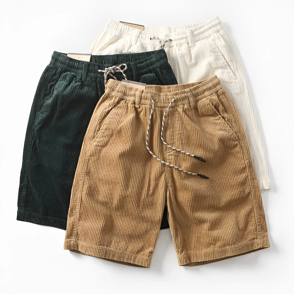 Men's retro American-style cargo shorts in straight-leg cut with multiple pockets, shown in khaki colour