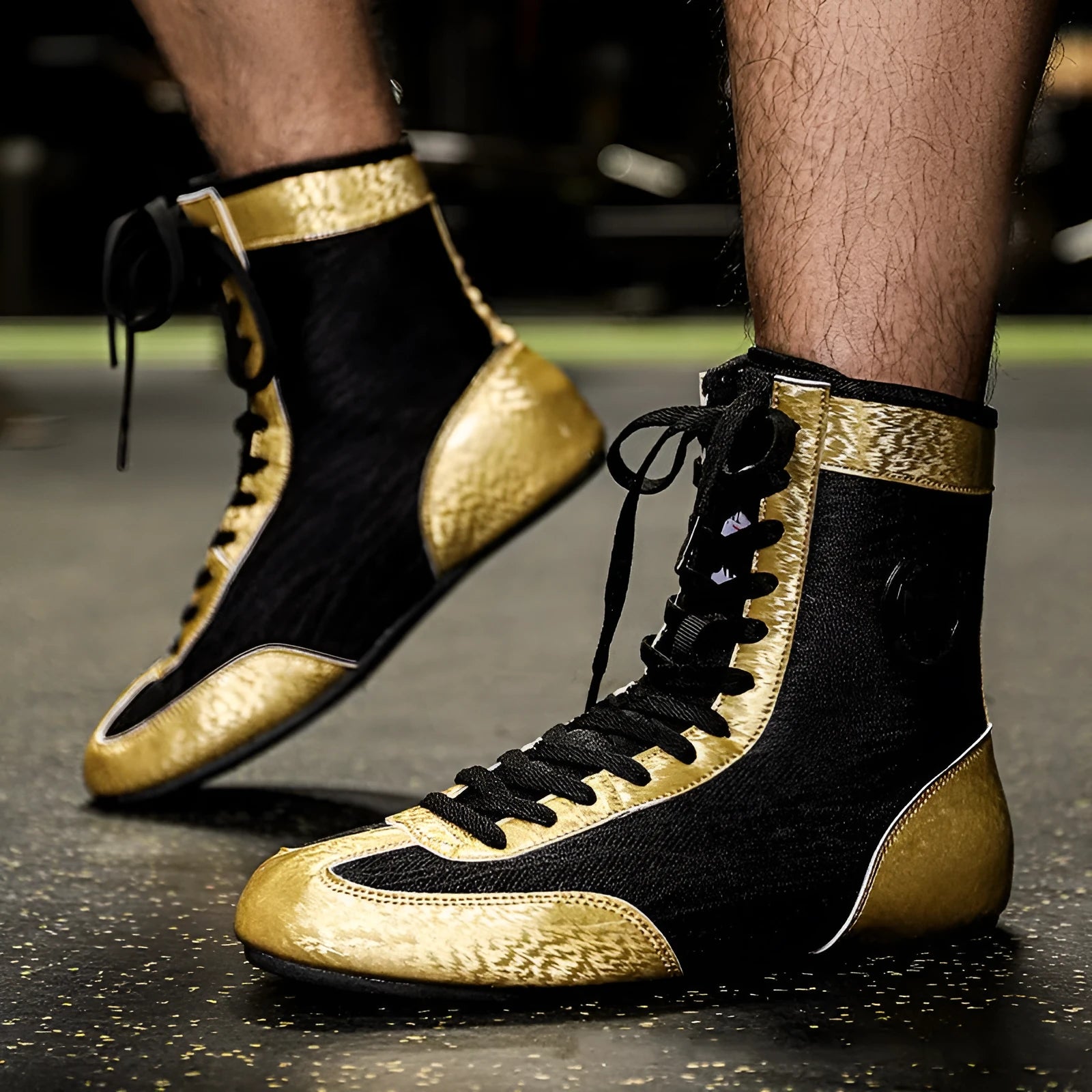 Black and gold mesh professional boxing shoes for men and women on a gym mat.