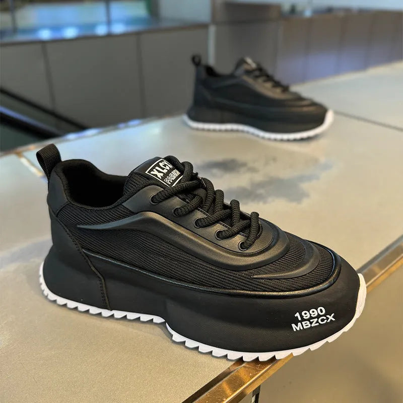 Spring Summer Argan Running Sneaker for teenagers, thick sole, mesh upper, round toe, front lace-up, available in black
