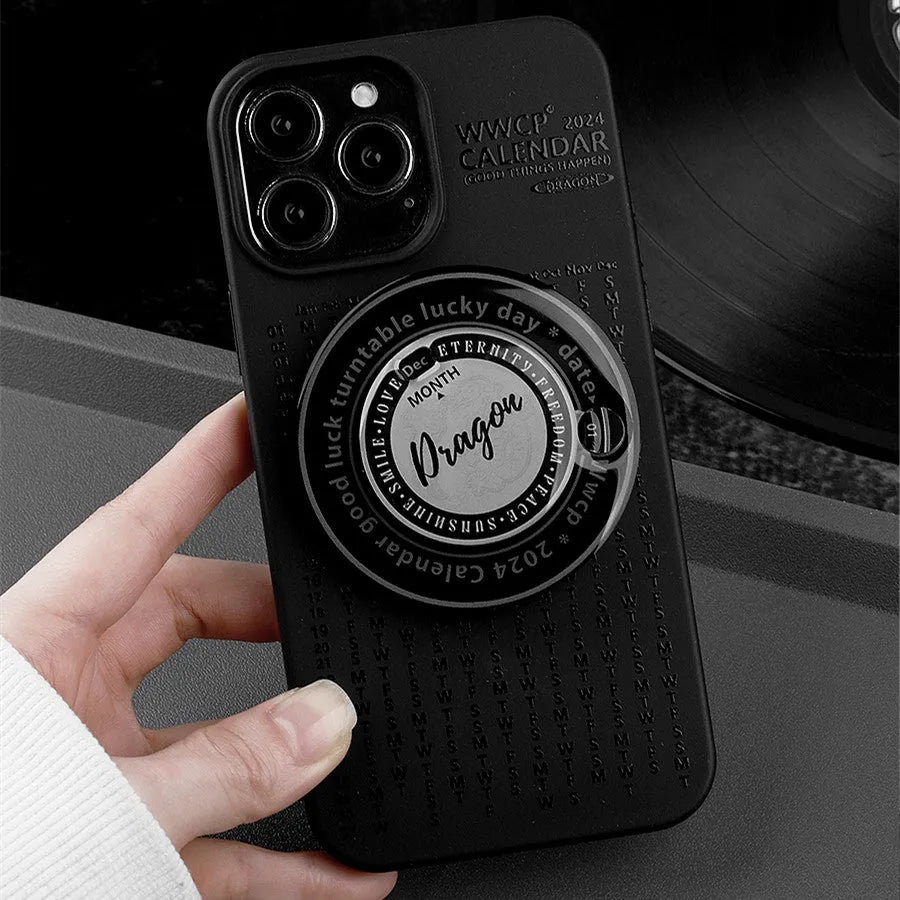 Black magnetic bracket phone case with rotating decompression for iPhone, full edge wrapping silicone design