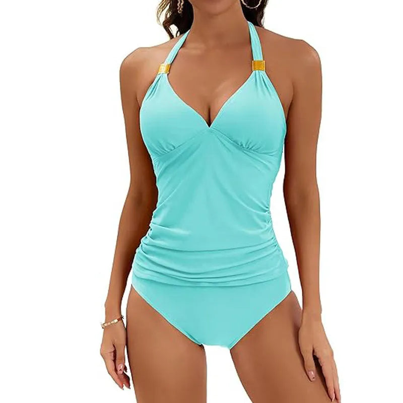 Women's solid colour halter neck two-piece swimsuit with split-tie briefs