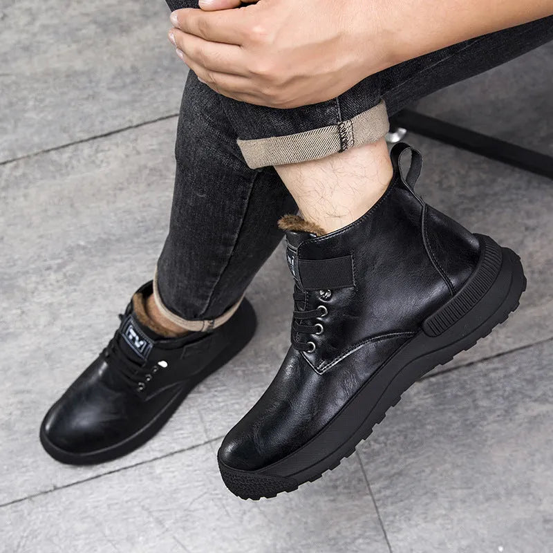 Black velvet platform Martin boots with high-top design and sewing thread detailing