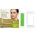 Box of gentle facial hair removal wax paper strips and aloe vera cleansing wipes for at-home use
