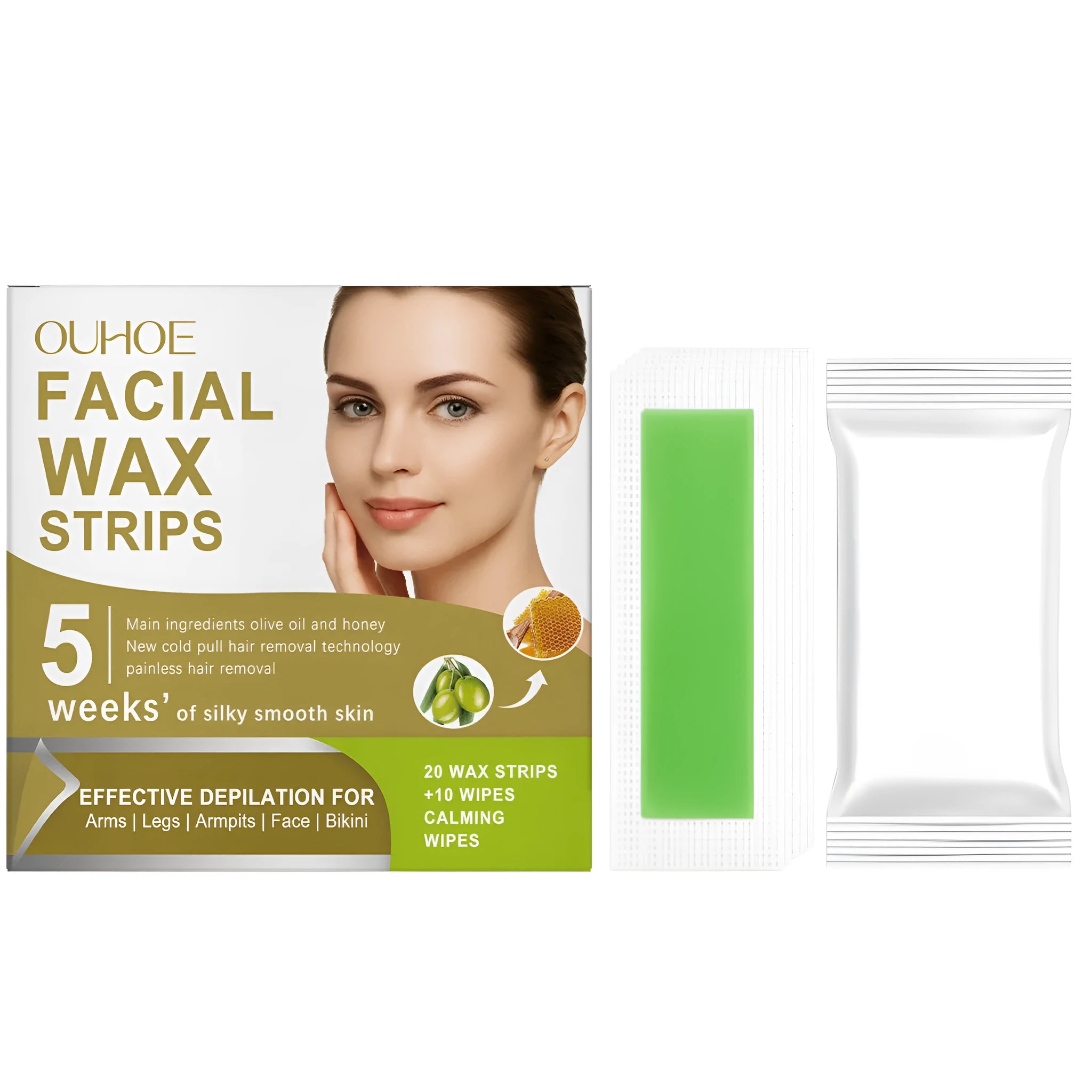 Box of gentle facial hair removal wax paper strips and aloe vera cleansing wipes for at-home use