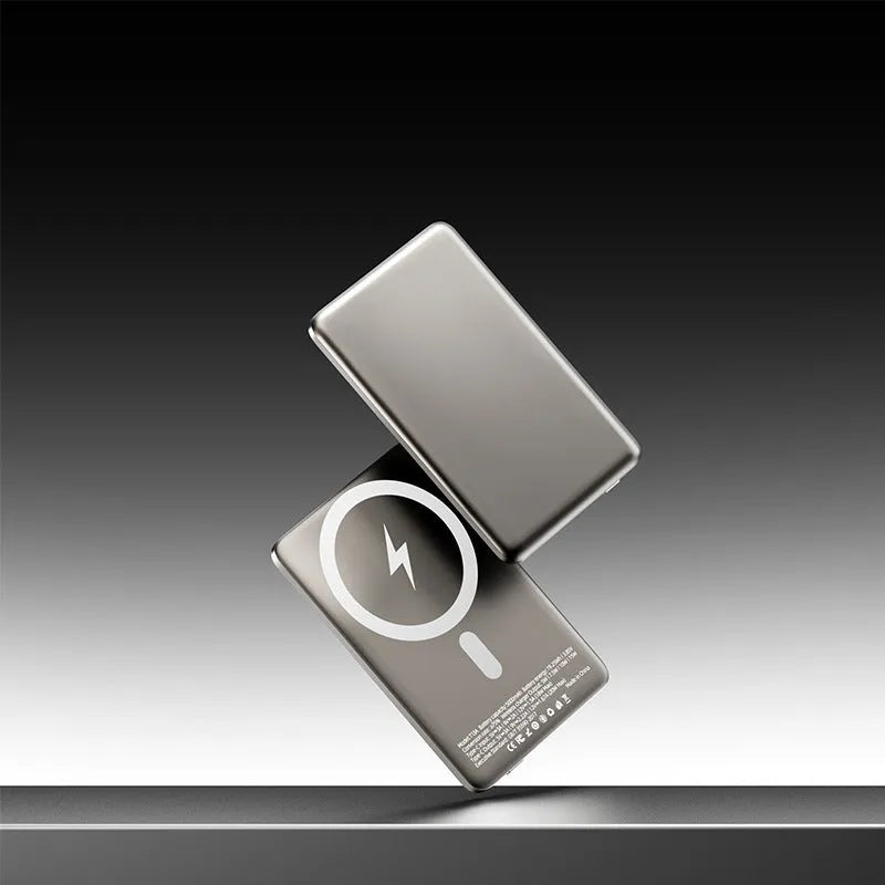 Gun grey magnetic wireless power bank showing ultra-thin 9mm profile and alloy construction
