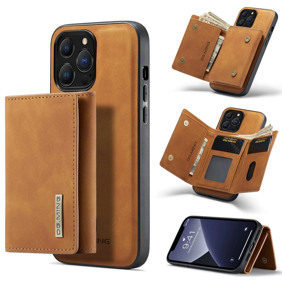2-in-1 magnetic wallet phone case for iPhone with detachable PU card holder in black