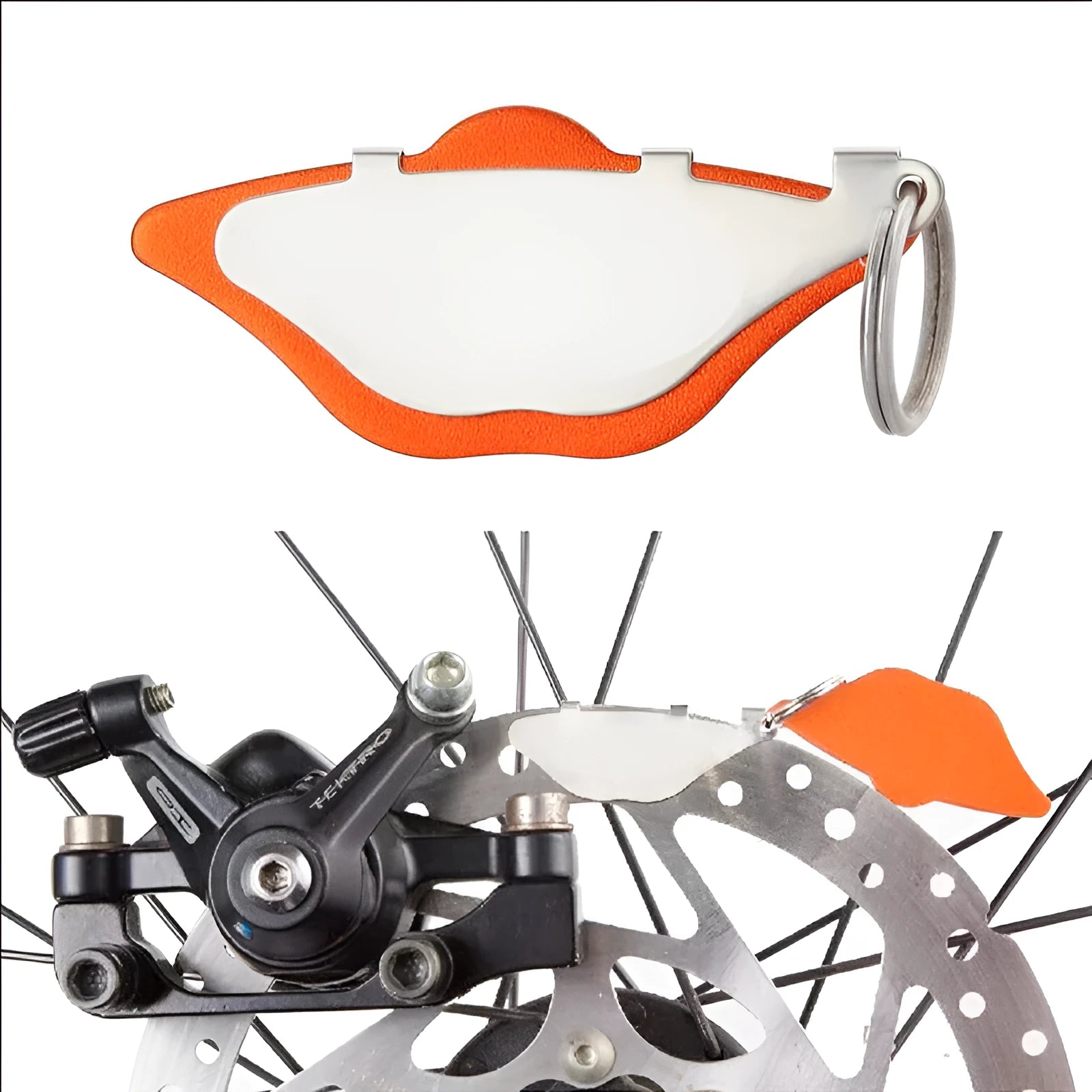 Mountain bike disc brake pads and linings in black or orange with metal scratch-resistant construction
