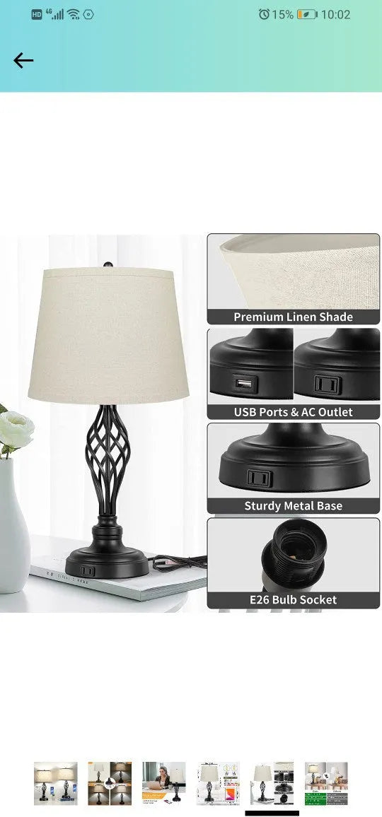 European style alloy bedside lamp with USB port and touch sensor on a wooden table.