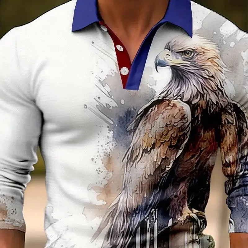 Men's long sleeve retro polo shirt with button-up front in a loose fit on a model.
