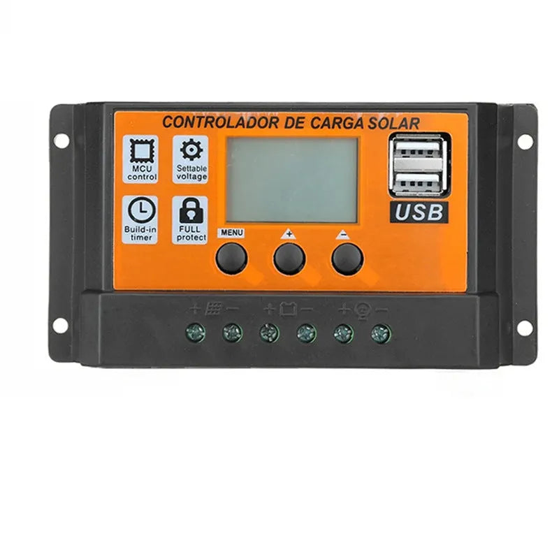 LCD solar panel charging controller with orange backlit display, PVC casing, model 100A rating
