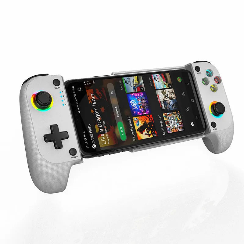 Black Bluetooth wireless game controller for mobile phones shown next to a smartphone