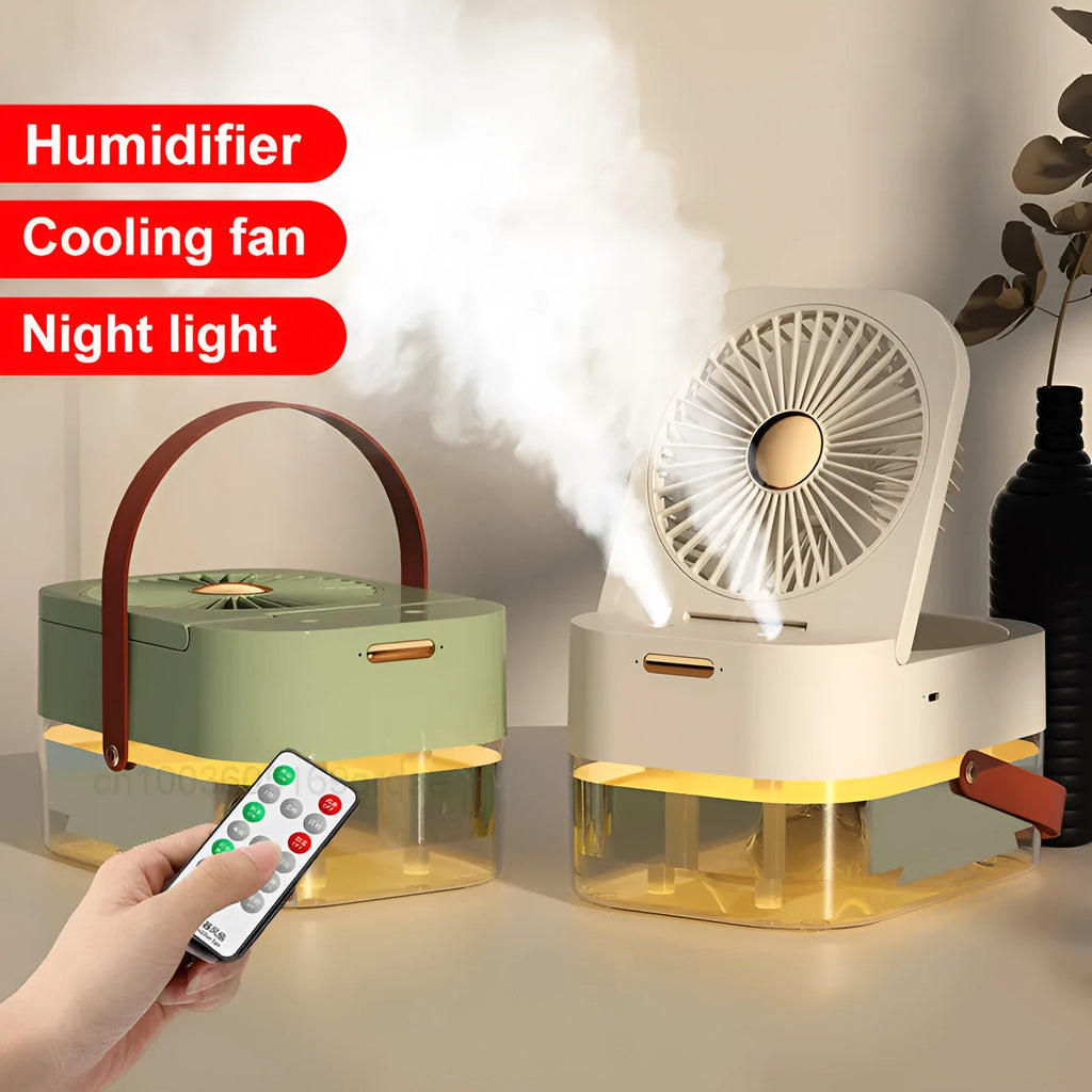 Portable pearl white USB desktop humidifier fan with remote control on a wooden desk.