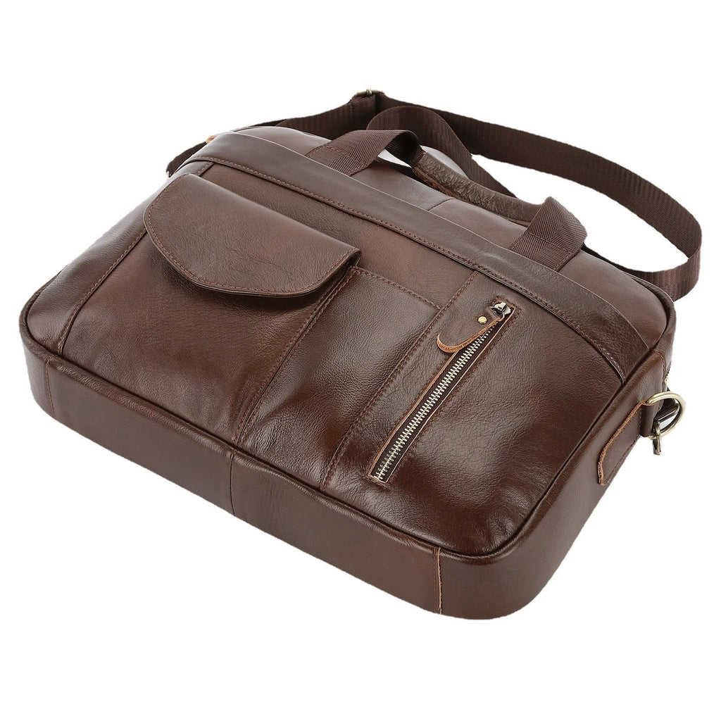 Men's brown cowhide leather cross-body briefcase with zipper front pocket on a neutral background