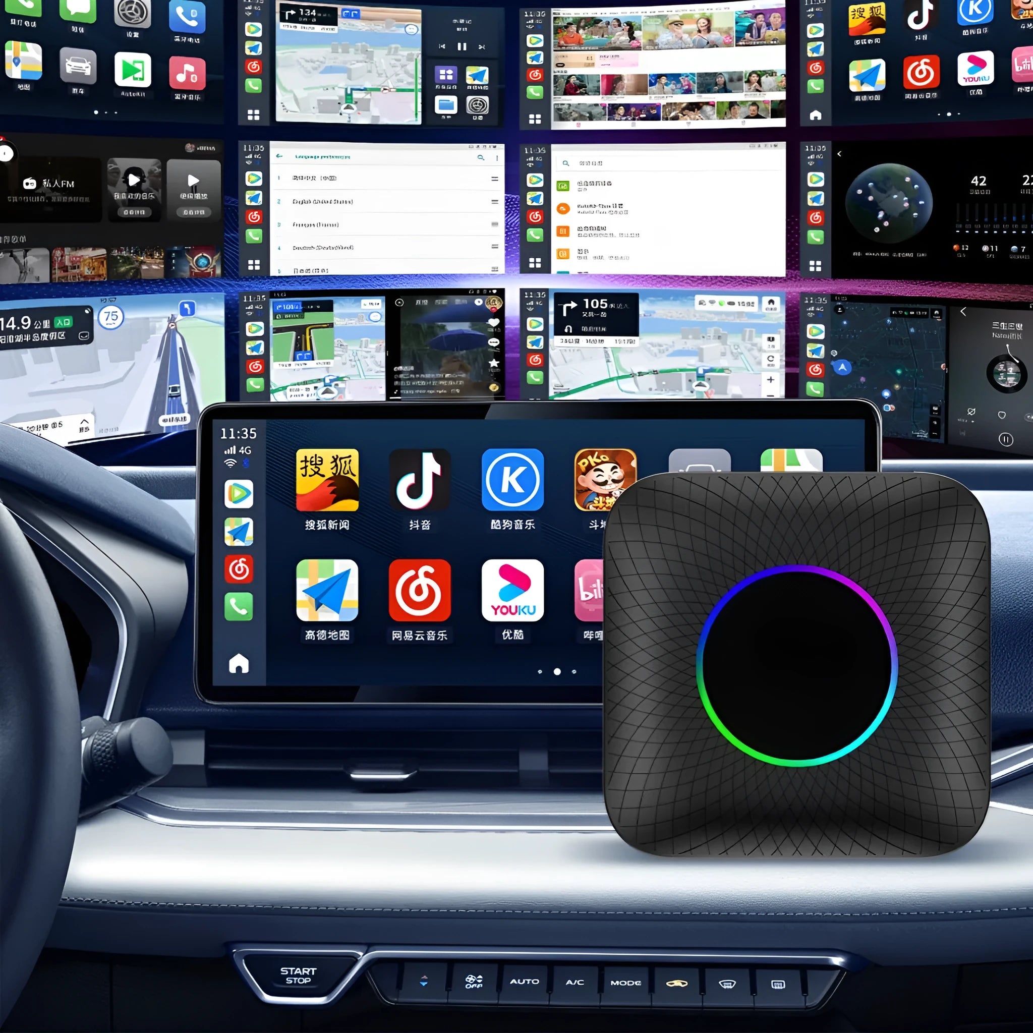 Square Tbox-Led Wireless CarPlay adapter dongle for cars with factory wired CarPlay systems.