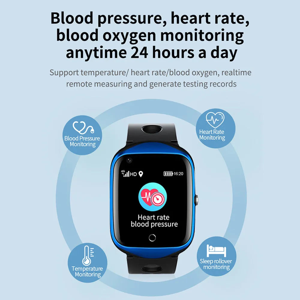 Black elderly safety smart watch showing a square colour screen with GPS and SOS icons on the display.
