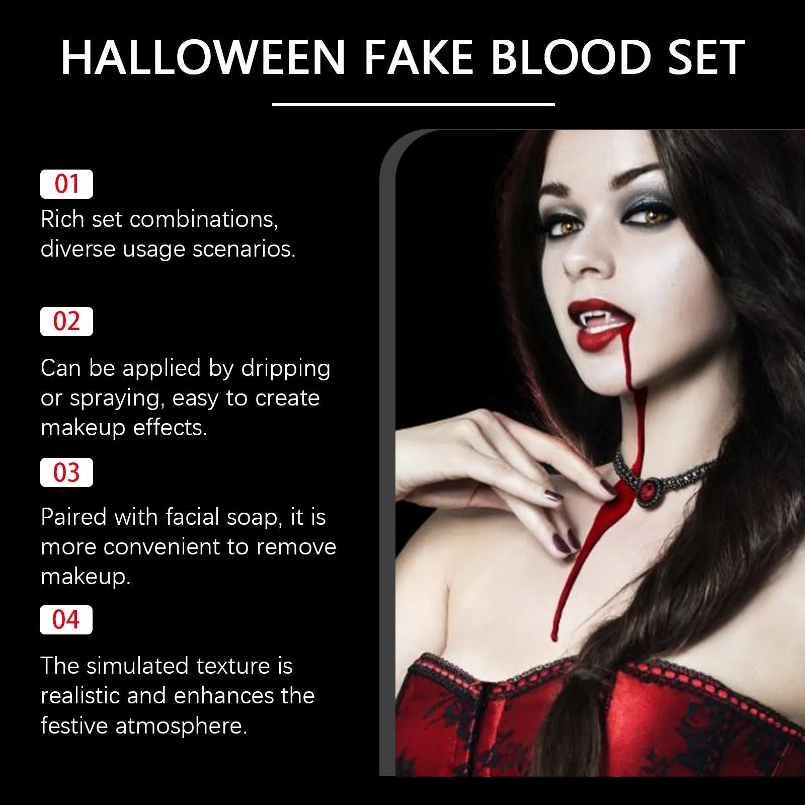 3-piece horror special effects makeup set with fake blood drops, spray, and cleansing soap.
