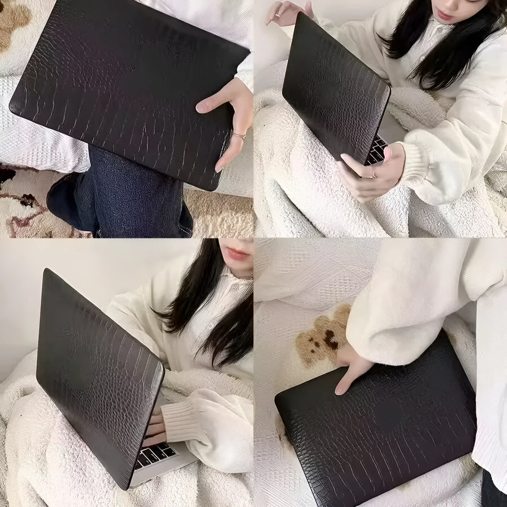 MacBook protective case with crocodile pattern texture and hollowed-out Apple logo design in black colour