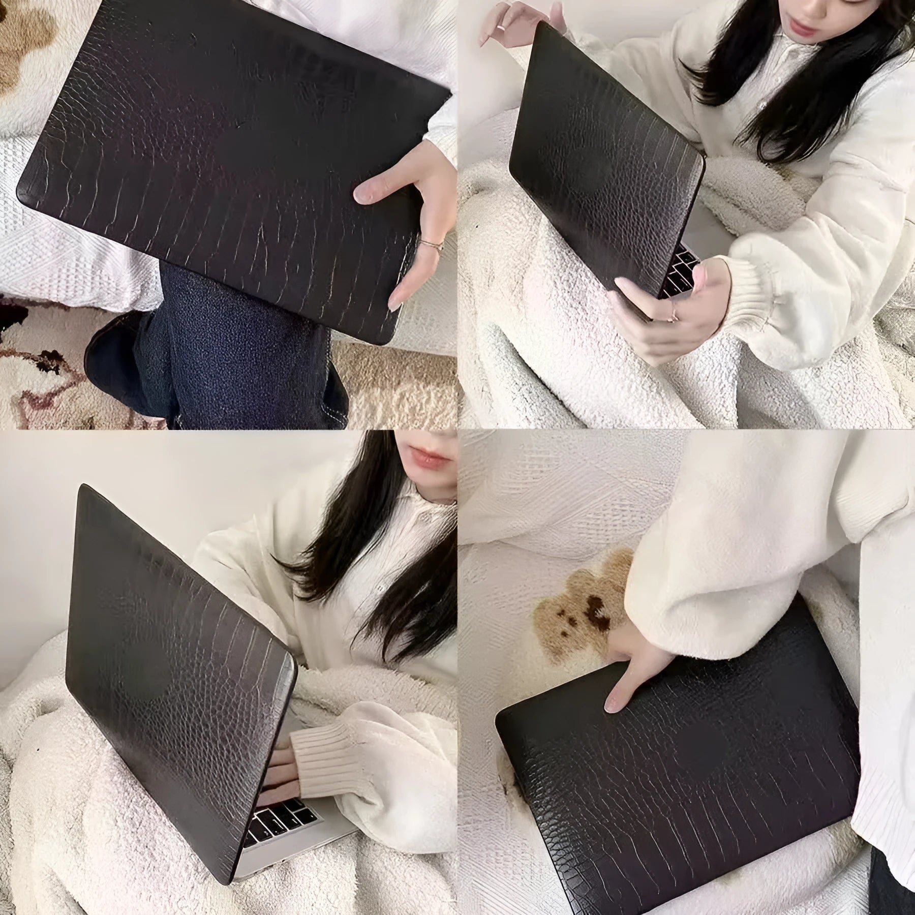 MacBook protective case with crocodile pattern texture and hollowed-out Apple logo design in black colour