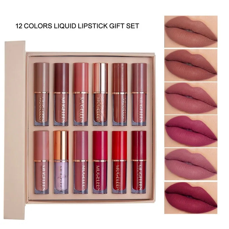 12-piece matte shimmer lip glaze set with non-transfer fade-resistant colours in neutral skin tone shades