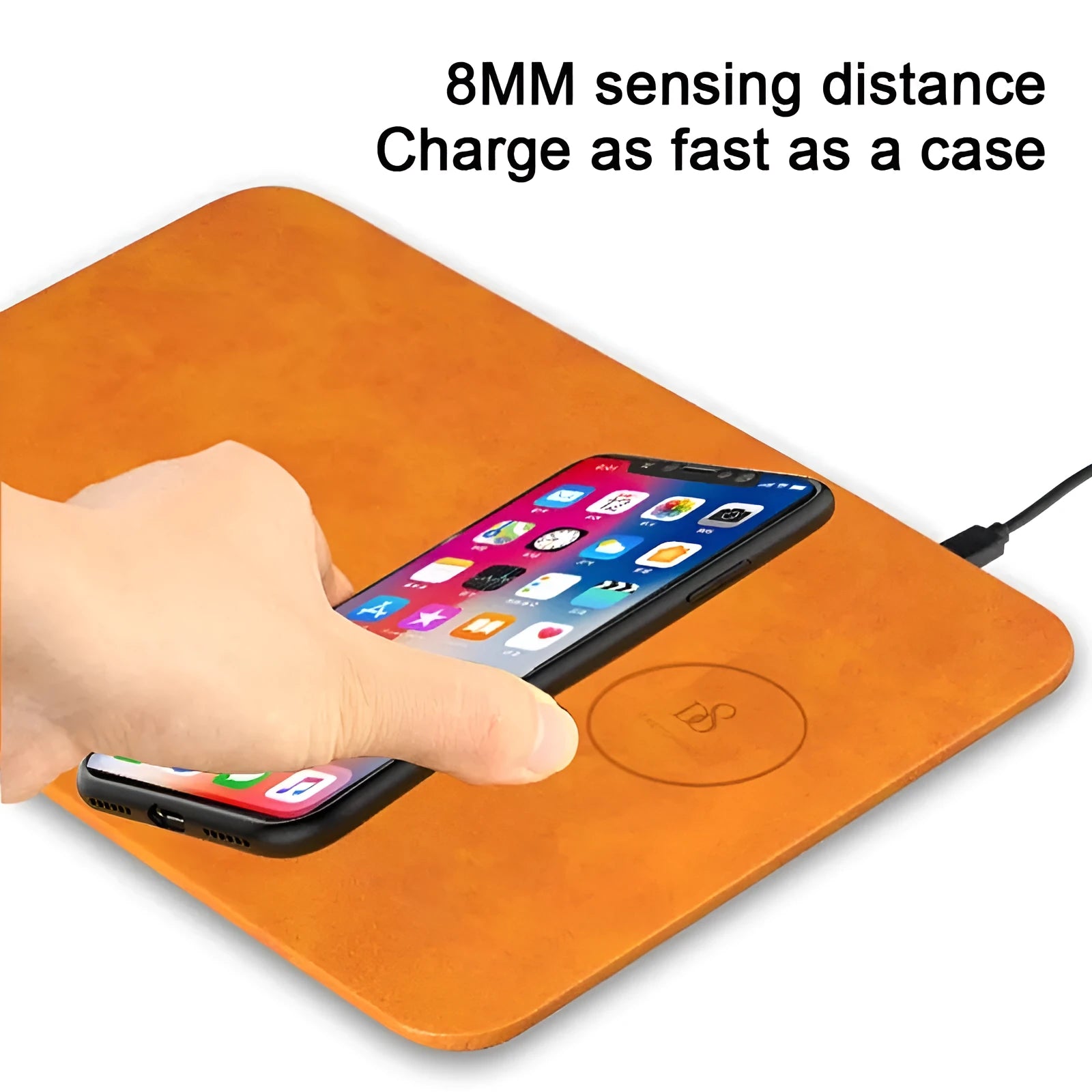 Brown leather-texture wireless charging mouse pad with a Micro USB cable for Qi device charging.