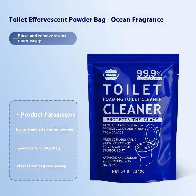 Toilet effervescent cleaning powder in blue ocean or pink floral fragrance, showing box of 5 bags and large refill bag.