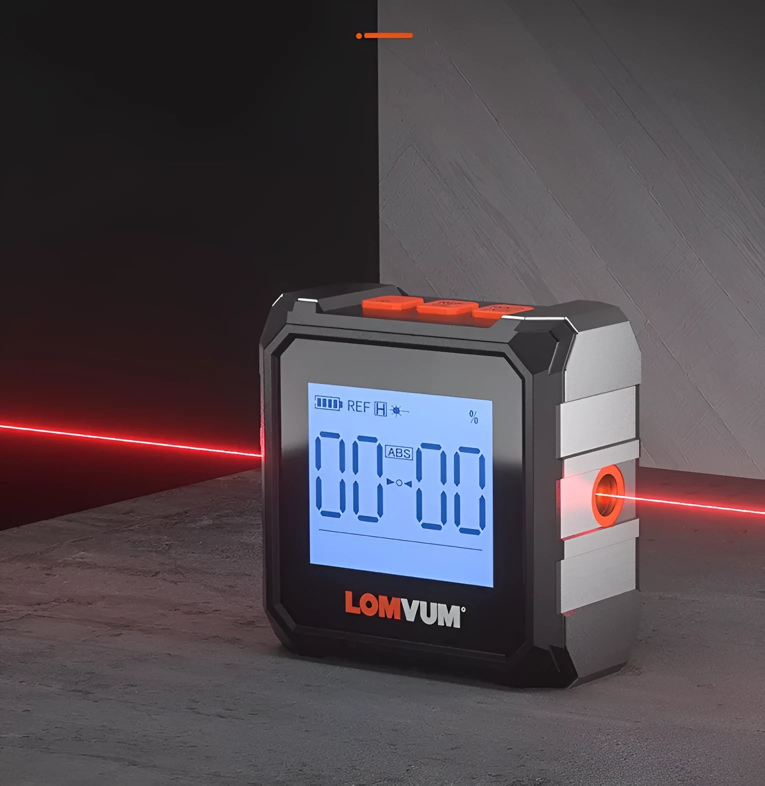 Digital laser infrared woodworking steel tape measure inclinometer with alloy casing on a workbench.
