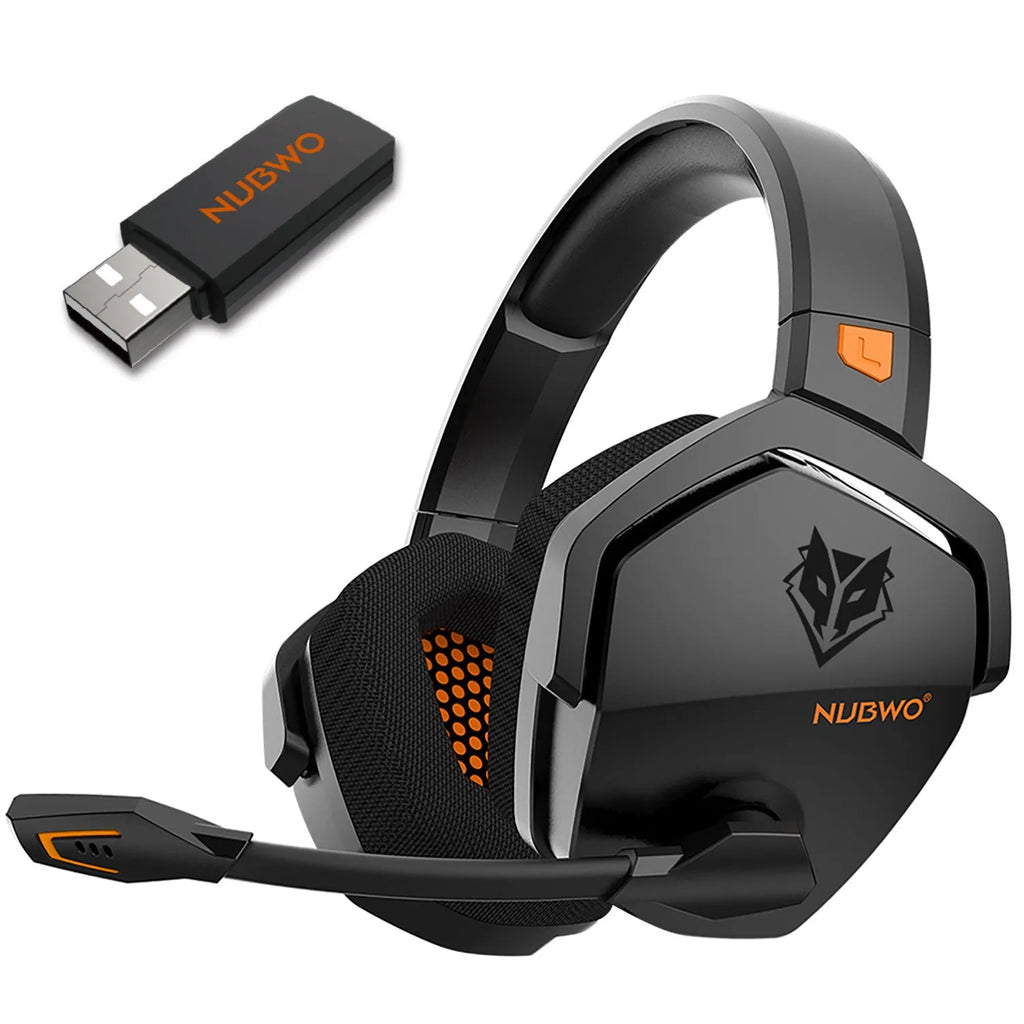 Black and orange wireless gaming headset with over-ear design and omnidirectional microphone