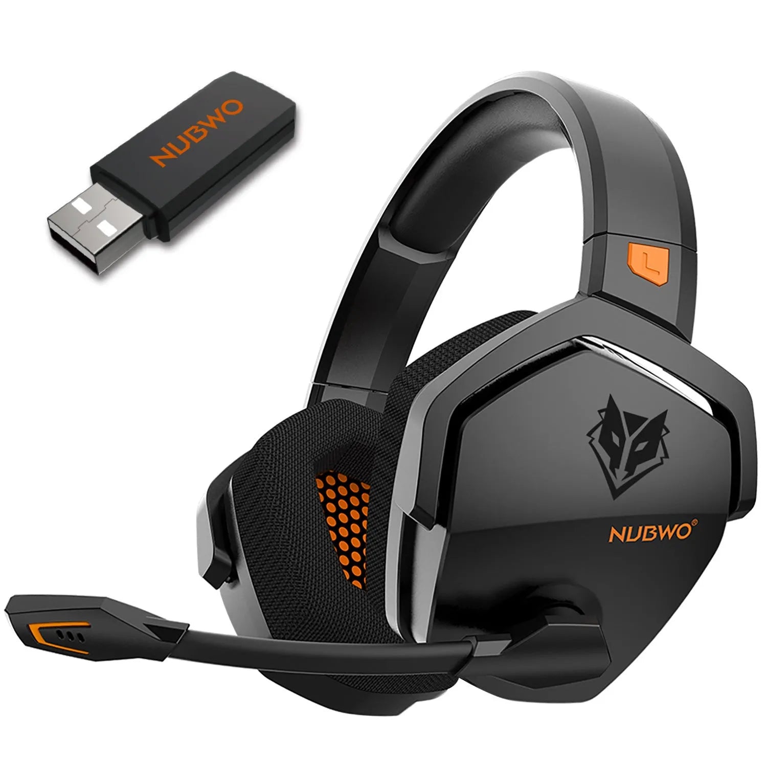 Black and orange wireless gaming headset with over-ear design and omnidirectional microphone