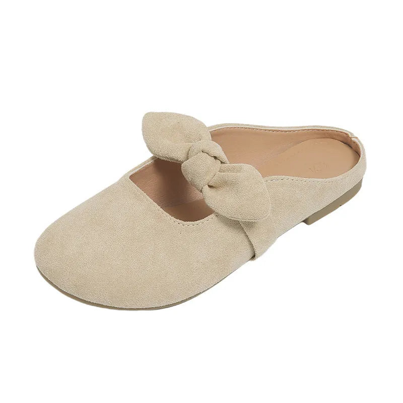 Plus size women's bow toe half slippers in apricot colour with artificial PU upper
