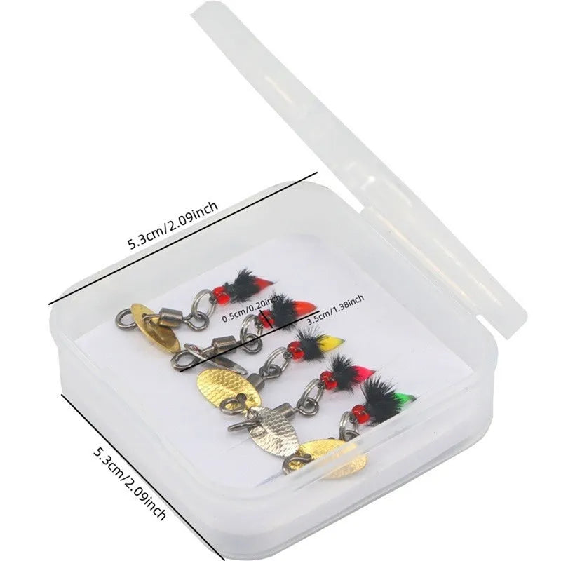 Five bionic poisonous mosquito fishing hooks with spinning sequins in multicolour designs