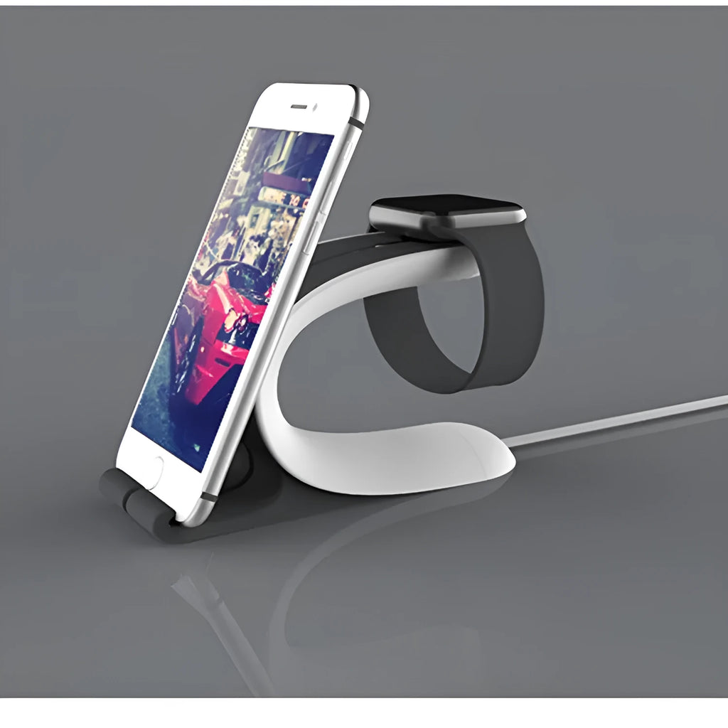 Grey and green Apple Watch iPhone charging stand showing dual-device desktop charging dock