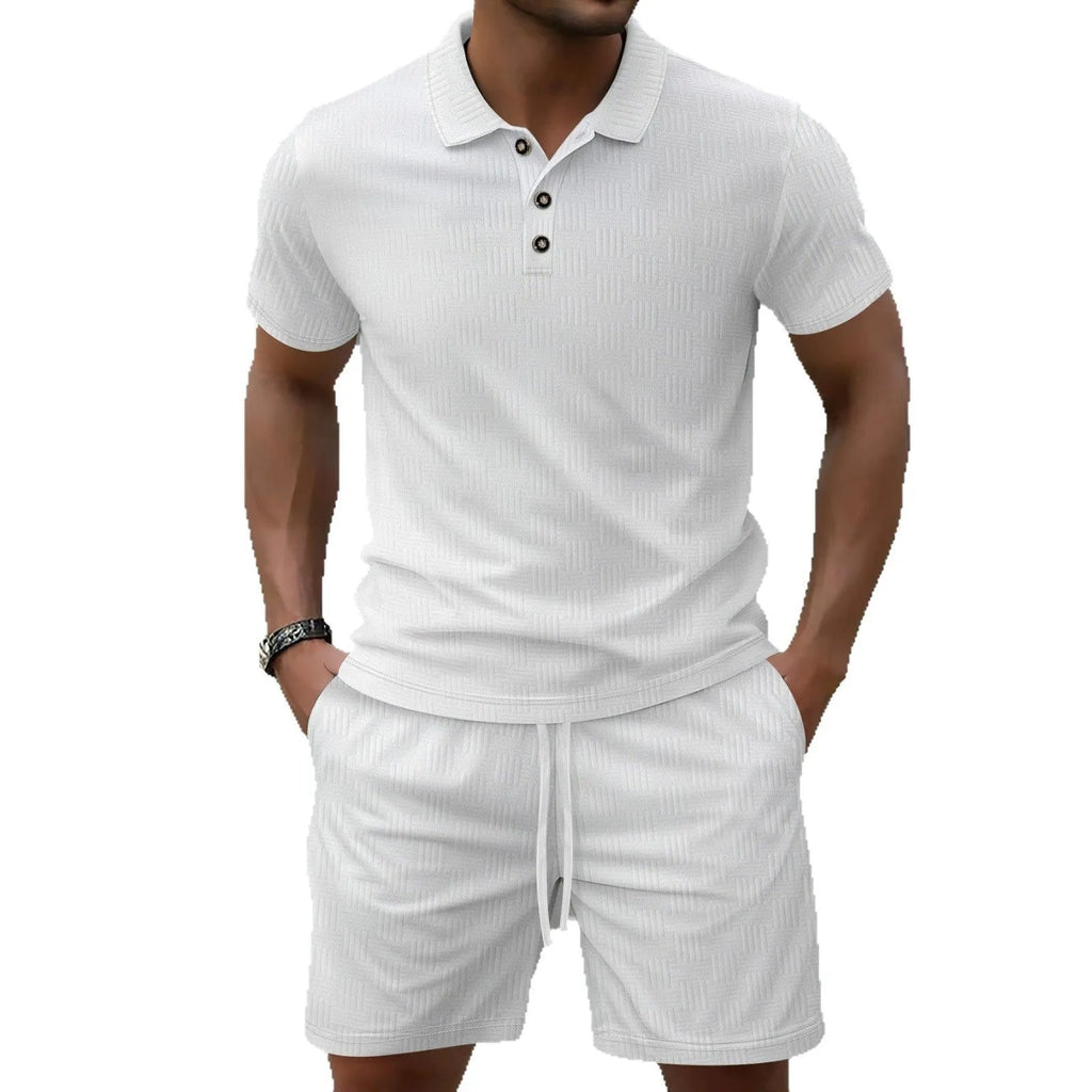 Men's solid colour jacquard short sleeve suit set with matching shorts on a hanger