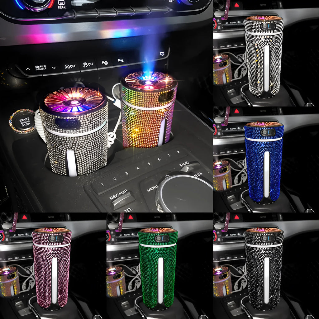 Diamond design car humidifier with LED lights showing colourful mist emission