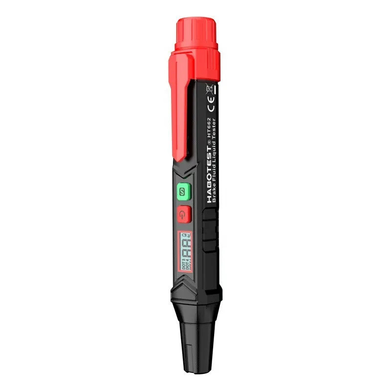 Digital brake fluid tester pen with LCD display, batteries, manual and colour box packaging