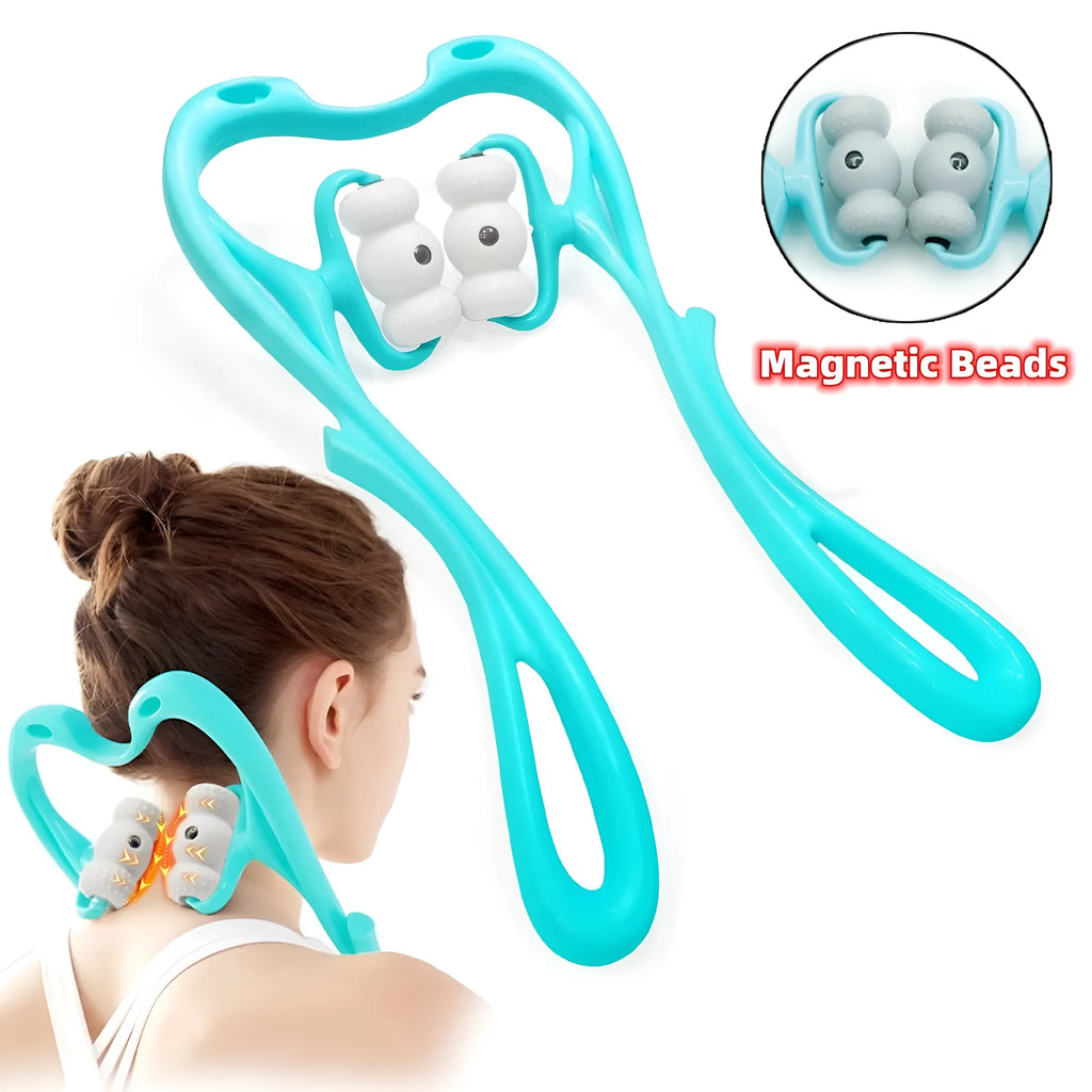 Blue handheld neck massager with 96 pressure point rollers showing 360-degree rotation mechanism