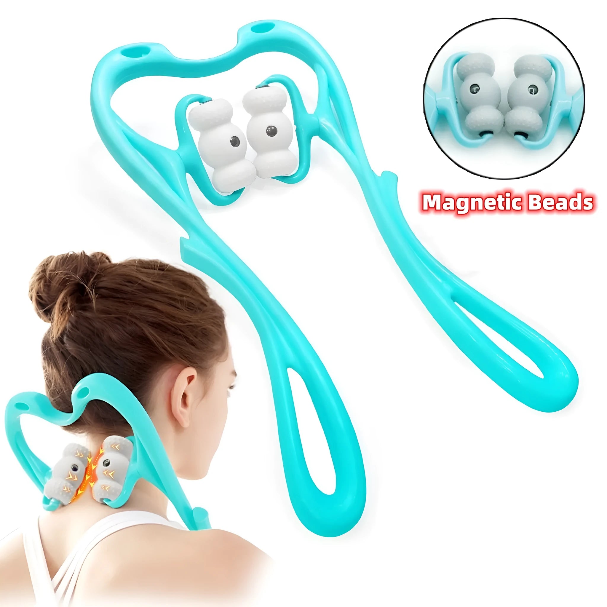 Blue handheld neck massager with 96 pressure point rollers showing 360-degree rotation mechanism