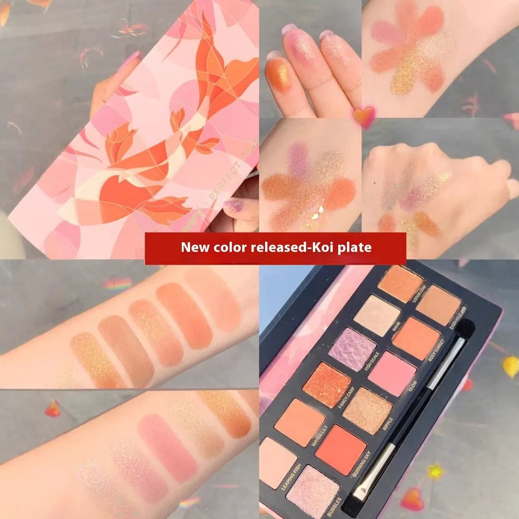 Open palette showing twelve pressed powder eyeshadow pans with animal-themed colour names.