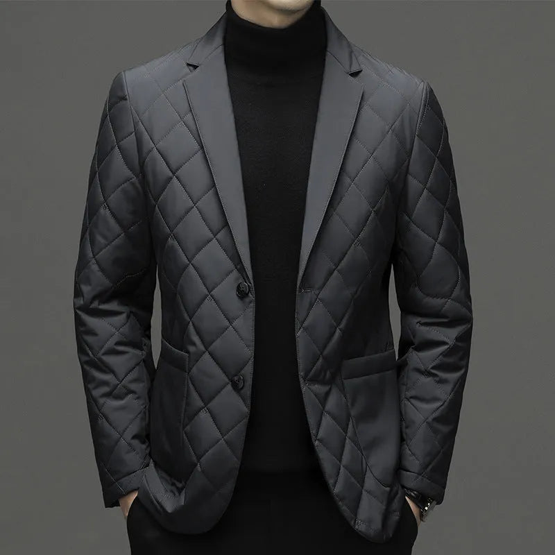 Men's solid colour down jacket with lapel collar and side seam pockets in winter cardigan style