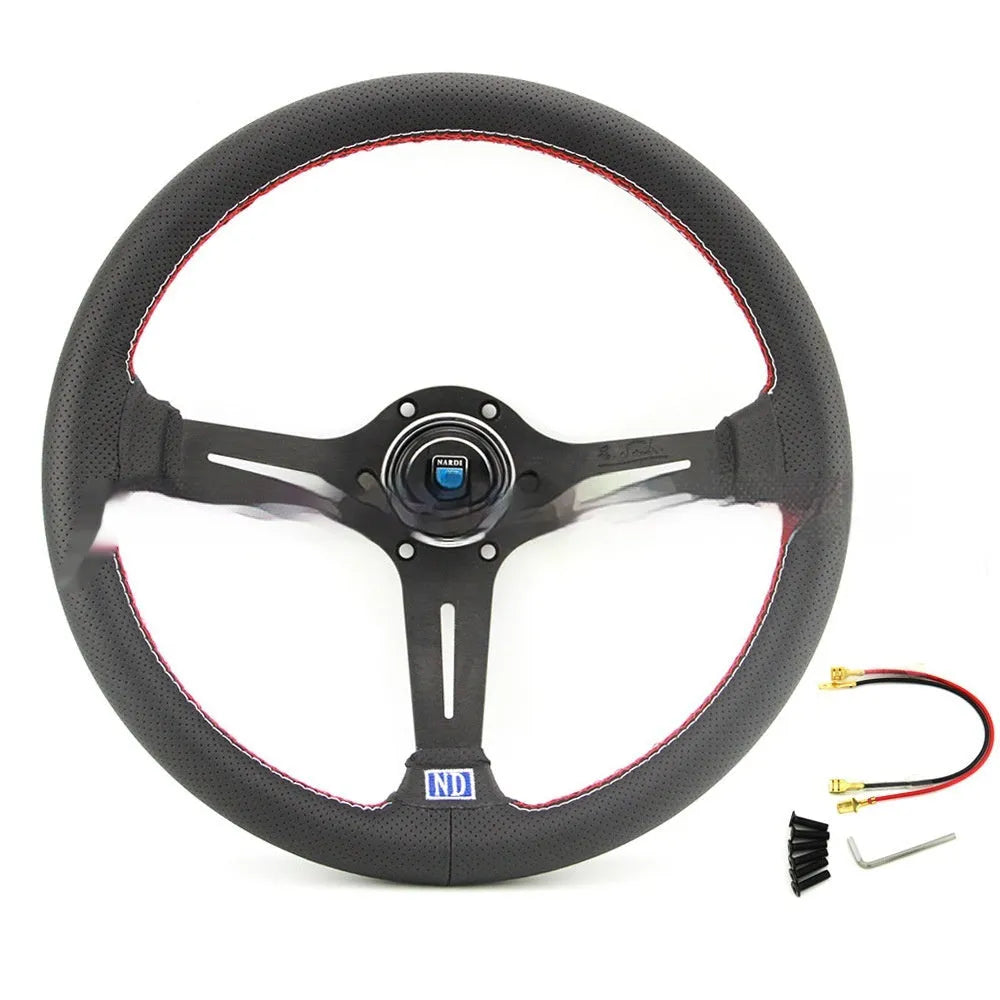 14-inch leather steering wheel with concave centre in black skeleton finish.