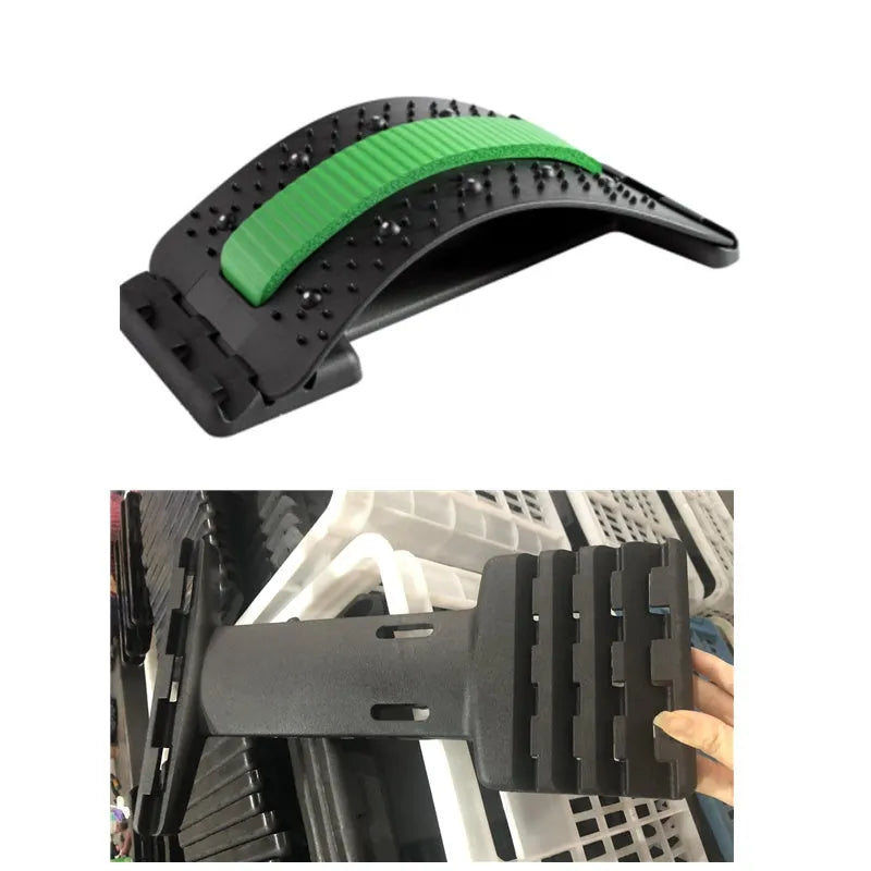 Adjustable back stretcher and waist massager with multiple massage heads in selectable colours.