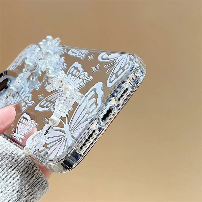 Transparent three-in-one mirror phone case with detachable bracelet strap for Apple iPhone