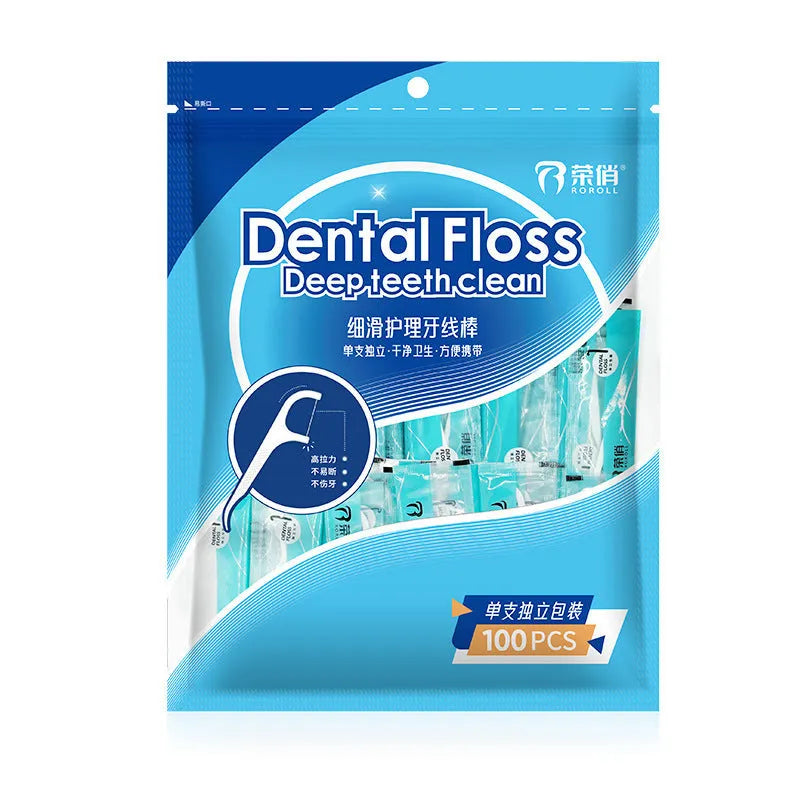 Portable bag containing 100 independently packaged plastic dental floss threads.