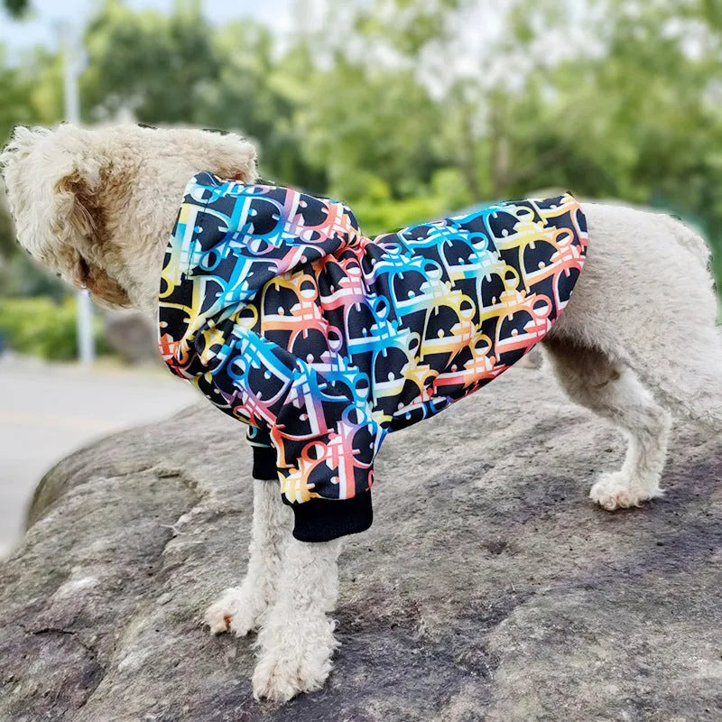 Colorful letter print polyester pet hoodie in picture colour, available in sizes XXS to FB for dogs and puppies.